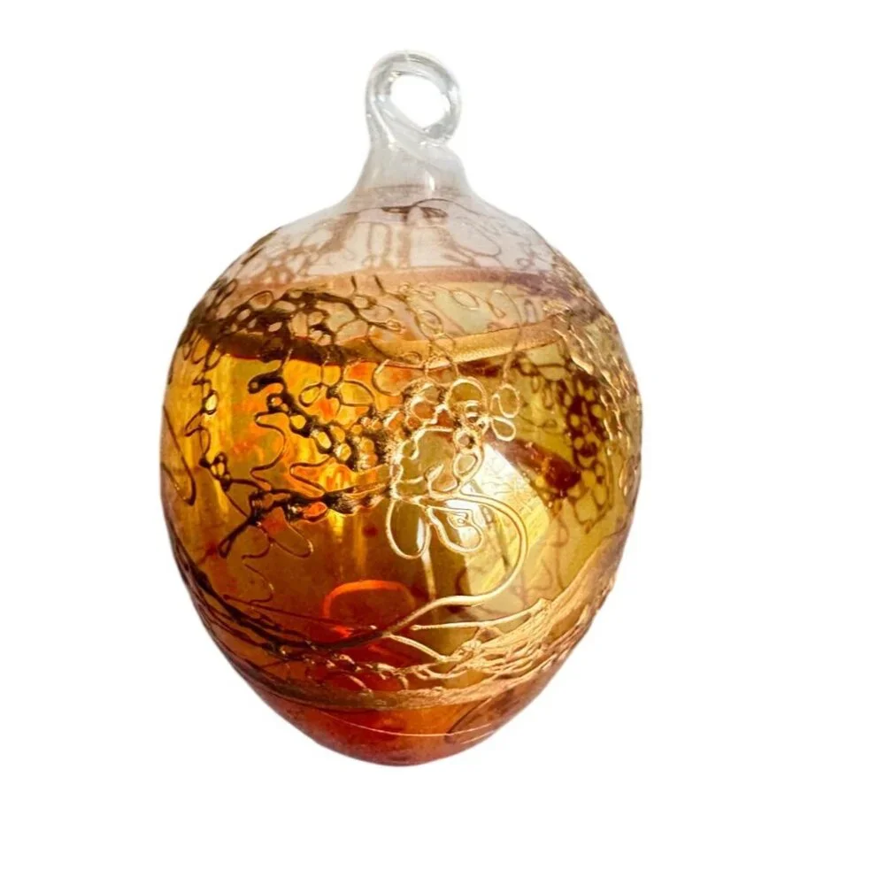 Amber Blown Glass Ornament Gold Gilded Design Art Glass 3" - Picture 6 of 7